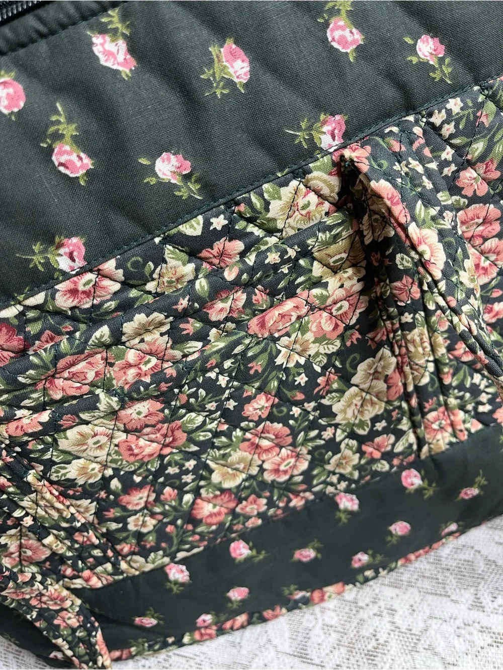 Floral Quilted 100% Cotton Tote Bag - Black with Pink & Cream Flowers